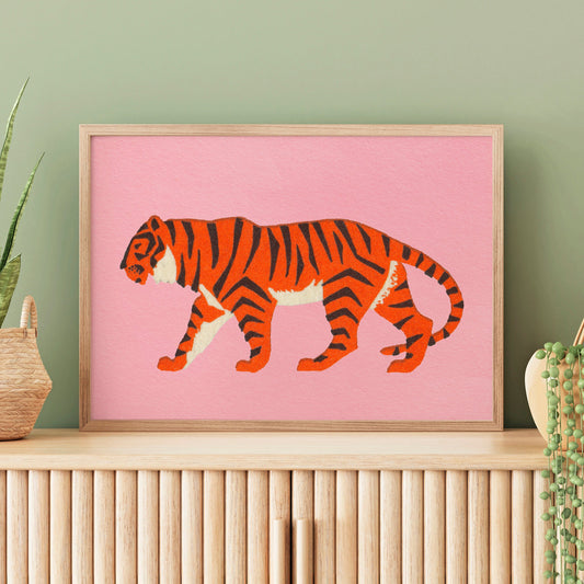 orange tiger illustration on a pink background