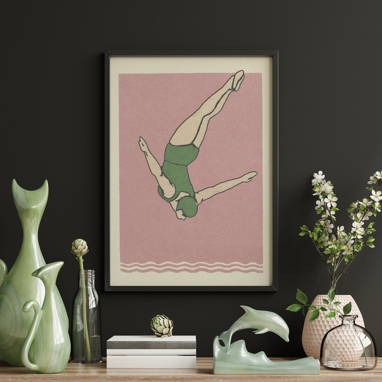 Diver Print | Art Deco Style | Pink Green Aesthetic | Vintage Maritime Syle | Bathroom Decor | Swimming Poster