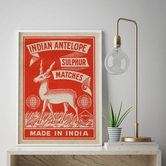 Vintage Matchbook Label Print | Antique Indian Antelope Art