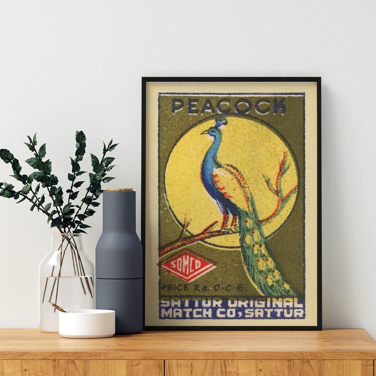 Antique Peacock Print | Large Bird Wall Art | Indian Print | Vintage Matchbox Illustration | Retro Decor | Boho Home