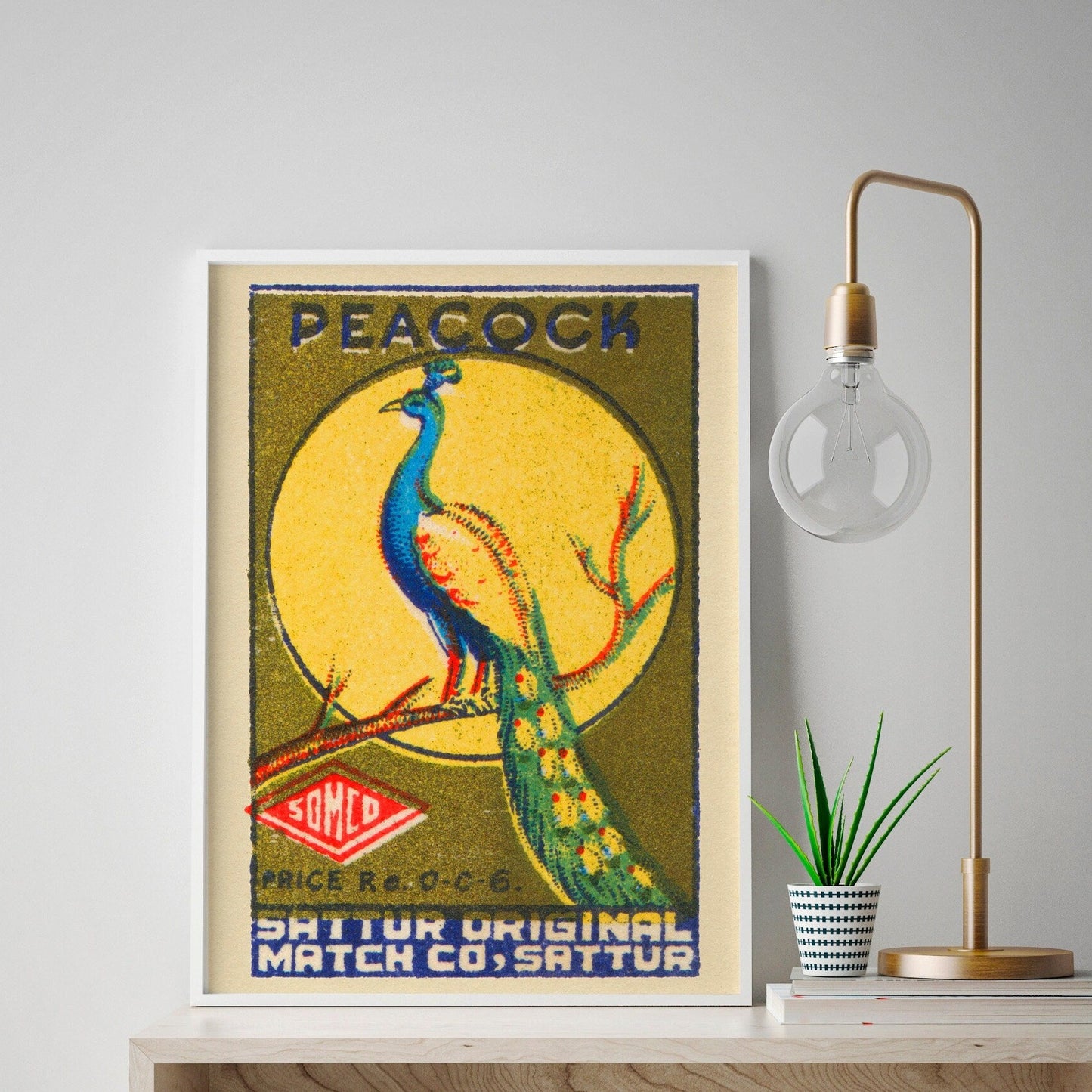 Antique Peacock Print | Large Bird Wall Art | Indian Print | Vintage Matchbox Illustration | Retro Decor | Boho Home