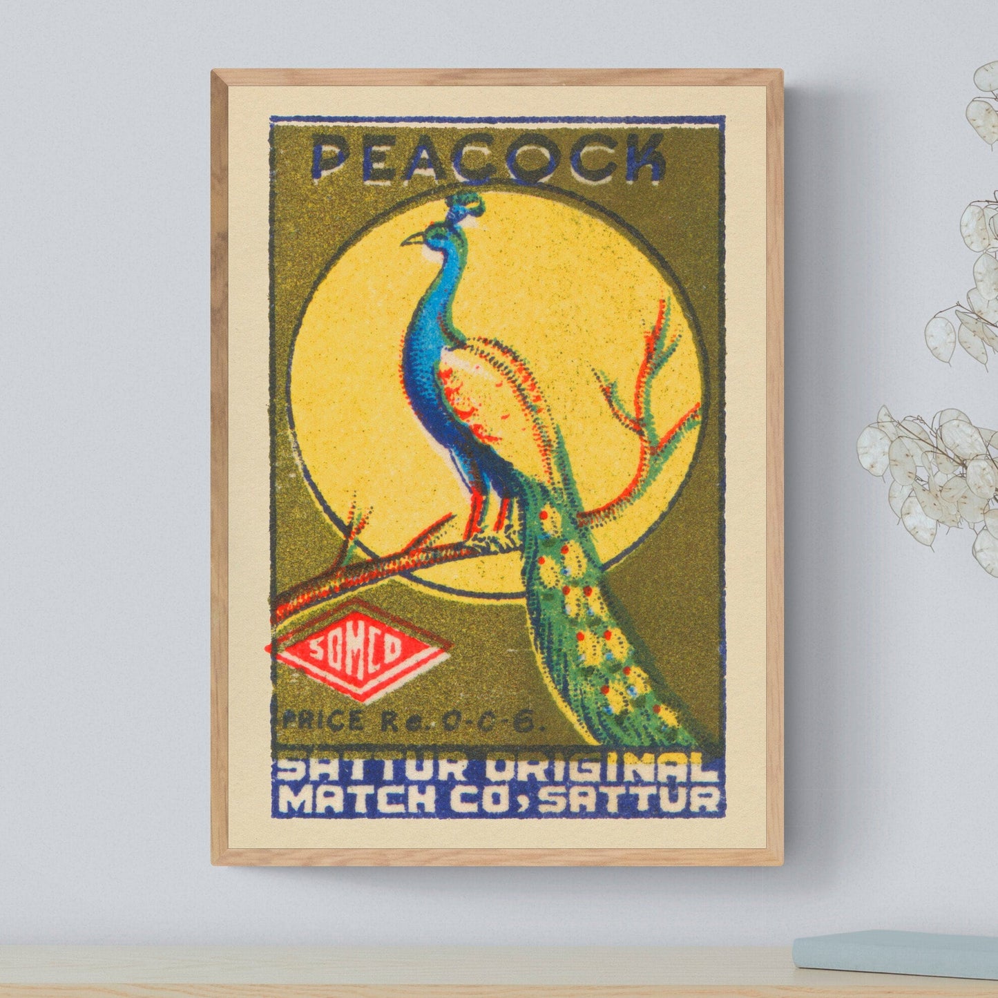 Antique Peacock Print | Large Bird Wall Art | Indian Print | Vintage Matchbox Illustration | Retro Decor | Boho Home