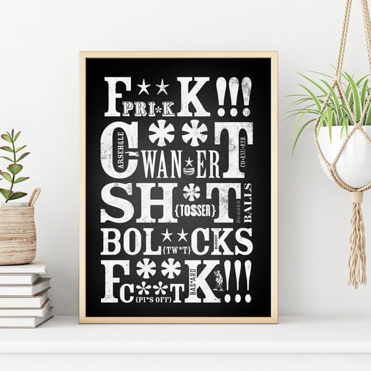 Monochrome Swearing Print | Curse Words Wall Art | Vintage Letterpress Typography | Unique Humorous Gift | Black and White Style