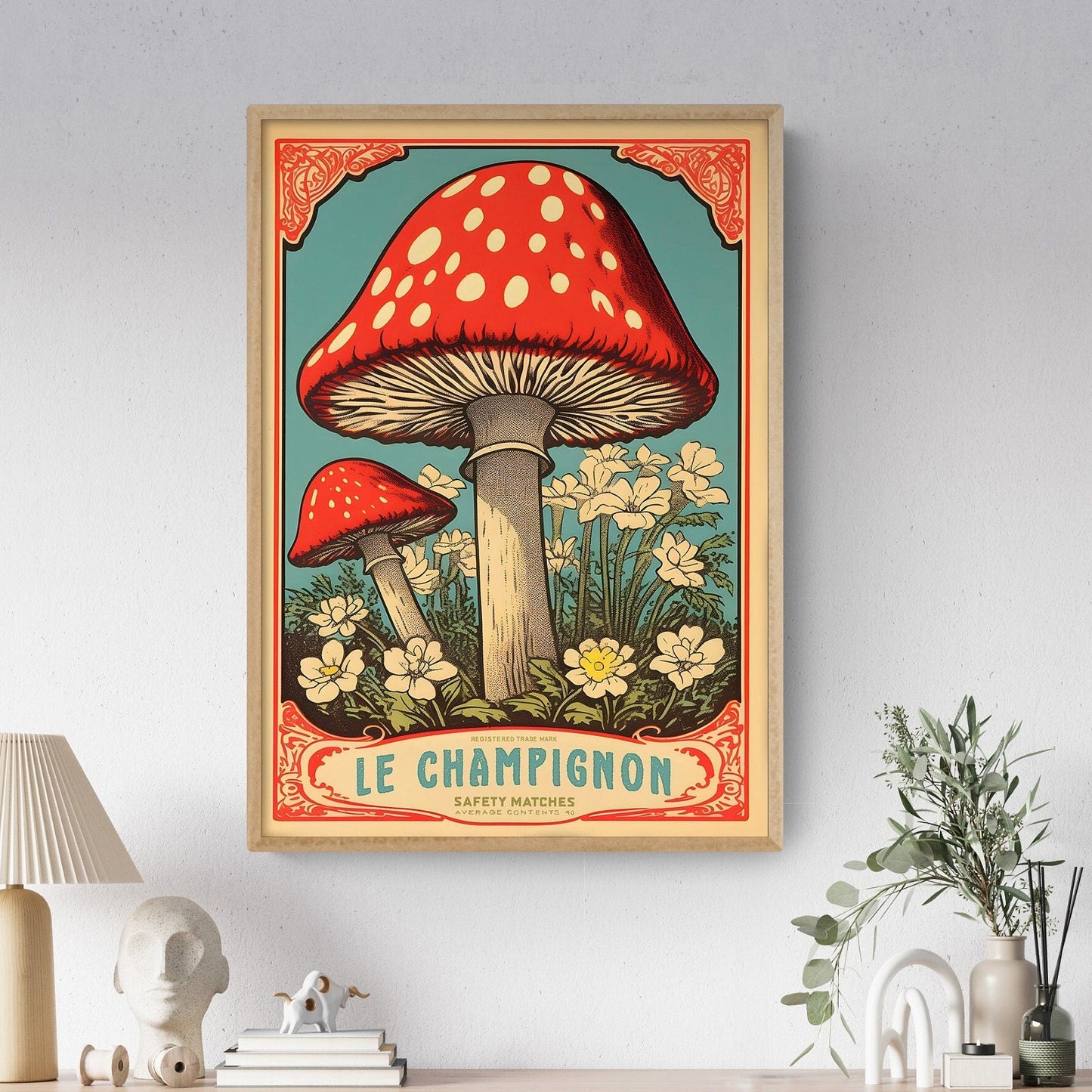 Vintage Red Toadstool Mushroom Art Print | 'Le Champignon' | Fairy Mushroom Design | French Wall Decor | Unique Kitchen Gift | Fall Artwork