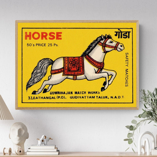 Vintage Indian Matchbox Label Art Print - White Horse on Warm Yellow Background