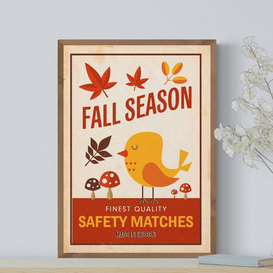 A cute retro style print featuring a bird with mushrooms and leaves in autumnal or fall colours