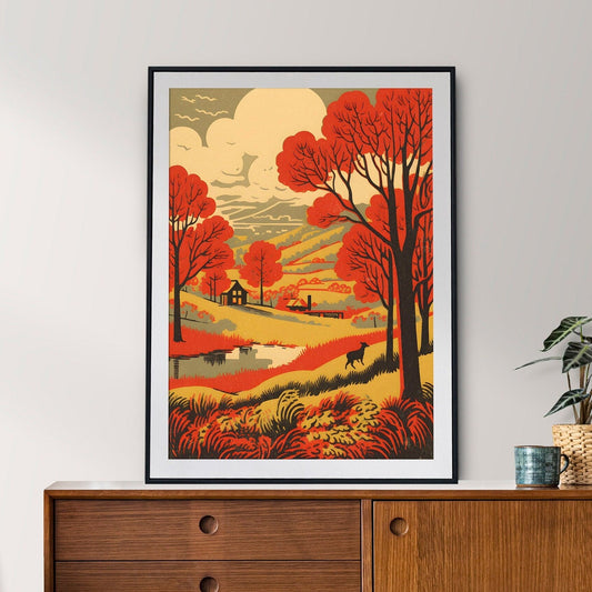 Vintage Rural Landscape Art Print | Rustic Countryside Wall Decor | Autumn Scene | Fall Decor