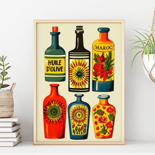Mediterranean Kitchen Art Print | Colorful Olive Oil and Preserves Bottles | Vintage Style Decor