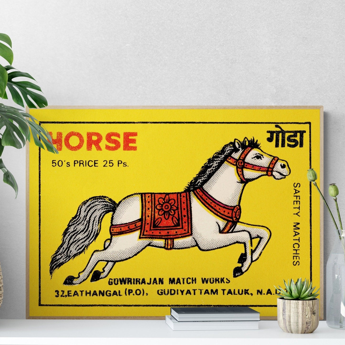 Vintage Indian Matchbox Label Art Print - White Horse on Warm Yellow Background