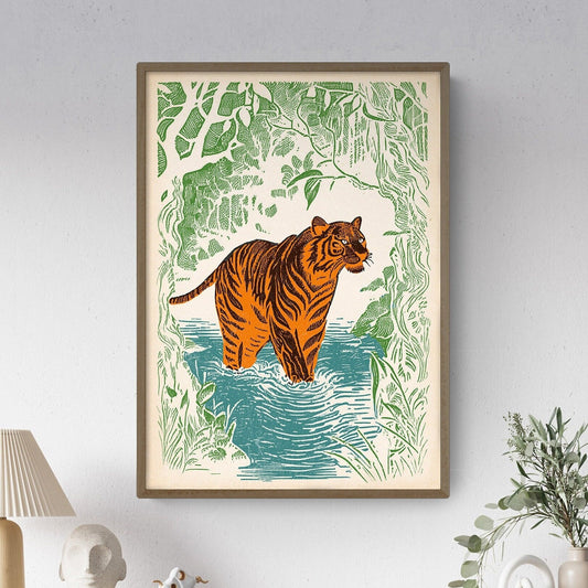Woodcut Tiger Art Print | Majestic Jungle Wildlife Wall Decor | High-Quality Tiger Illustration | Nature-Inspired Home Decor | Unique Gift