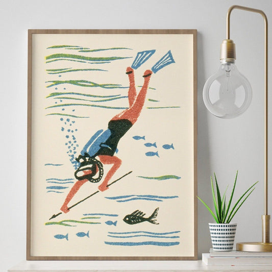 Scuba Diver Print | Vintage Maritime Art | Jacques Cousteau | Bathroom Decor | Spearfishing Poster