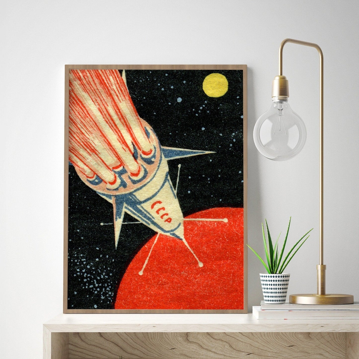 Vintage Soviet Space Rocket Art Print | Retro Matchbox Label Design