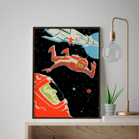 Vintage Soviet Space Art Print | Russian Cosmonauts and Rocket in Space | Retro USSR Matchbox Label Design | Astronaut Wall Decor