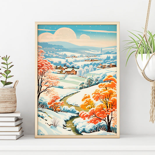 Rural Winter Landscape Art Print | Rustic Countryside Wall Decor | Winter Snow Scene