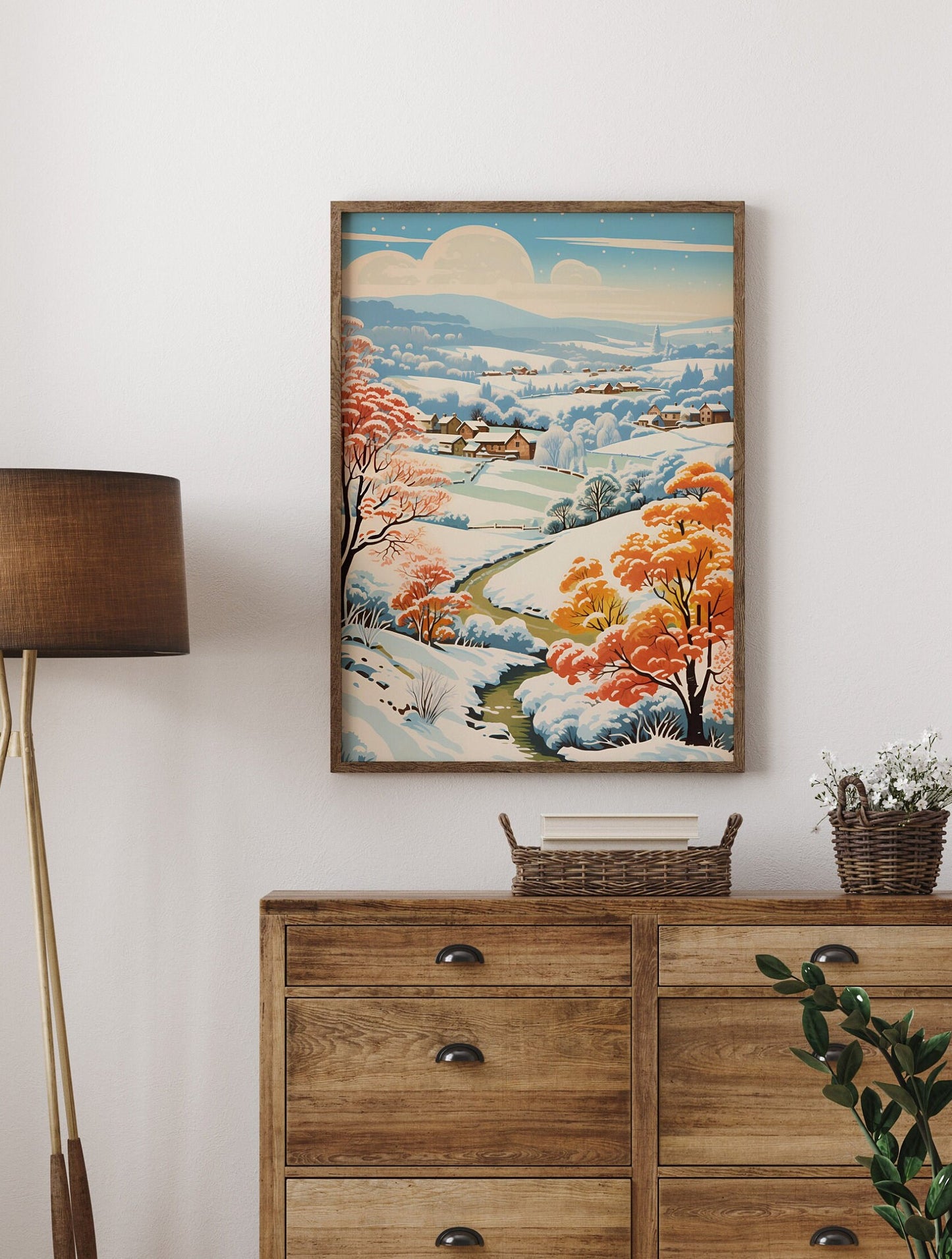 Rural Winter Landscape Art Print | Rustic Countryside Wall Decor | Winter Snow Scene