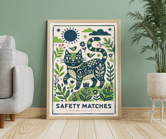 Folk Cat Safety Matches Art Print | Whimsical Animal Decor