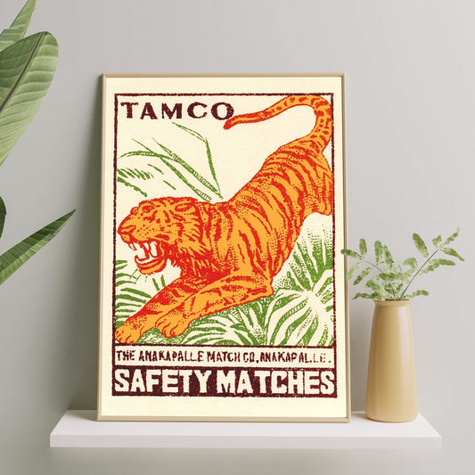 Tiger Art Print | Large Tiger Wall Art | Indian Print | Vintage Matchbox Illustration