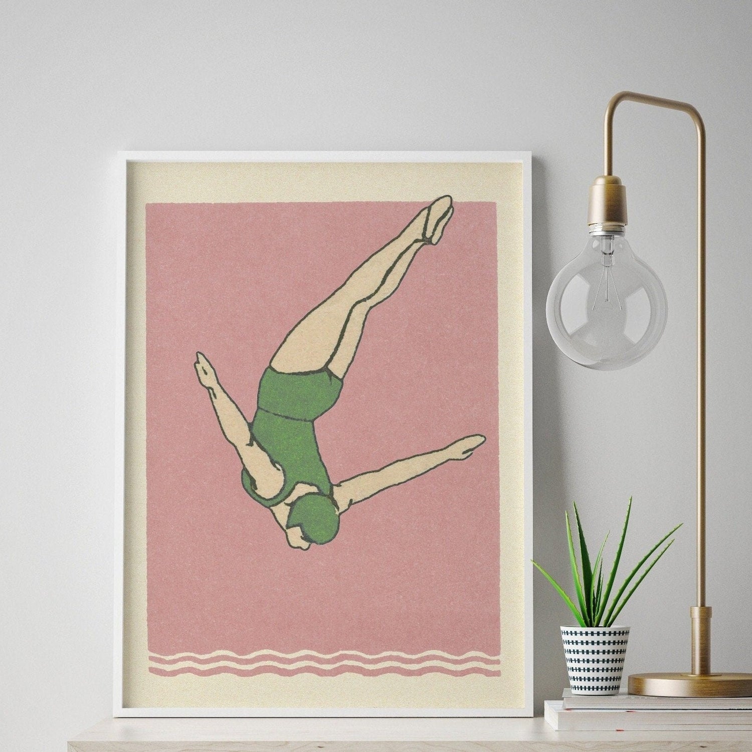 Diver Print | Art Deco Style | Pink Green Aesthetic | Vintage Maritime Syle | Bathroom Decor | Swimming Poster