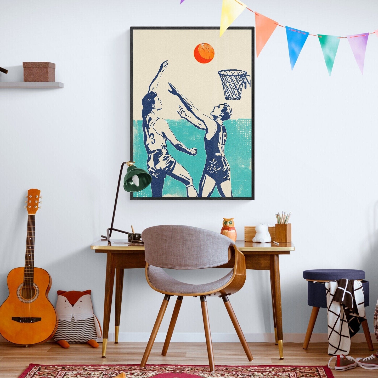 Vibrant Retro Basketball Art Print - Ideal for Kids' Bedrooms, Dens, and Game Rooms