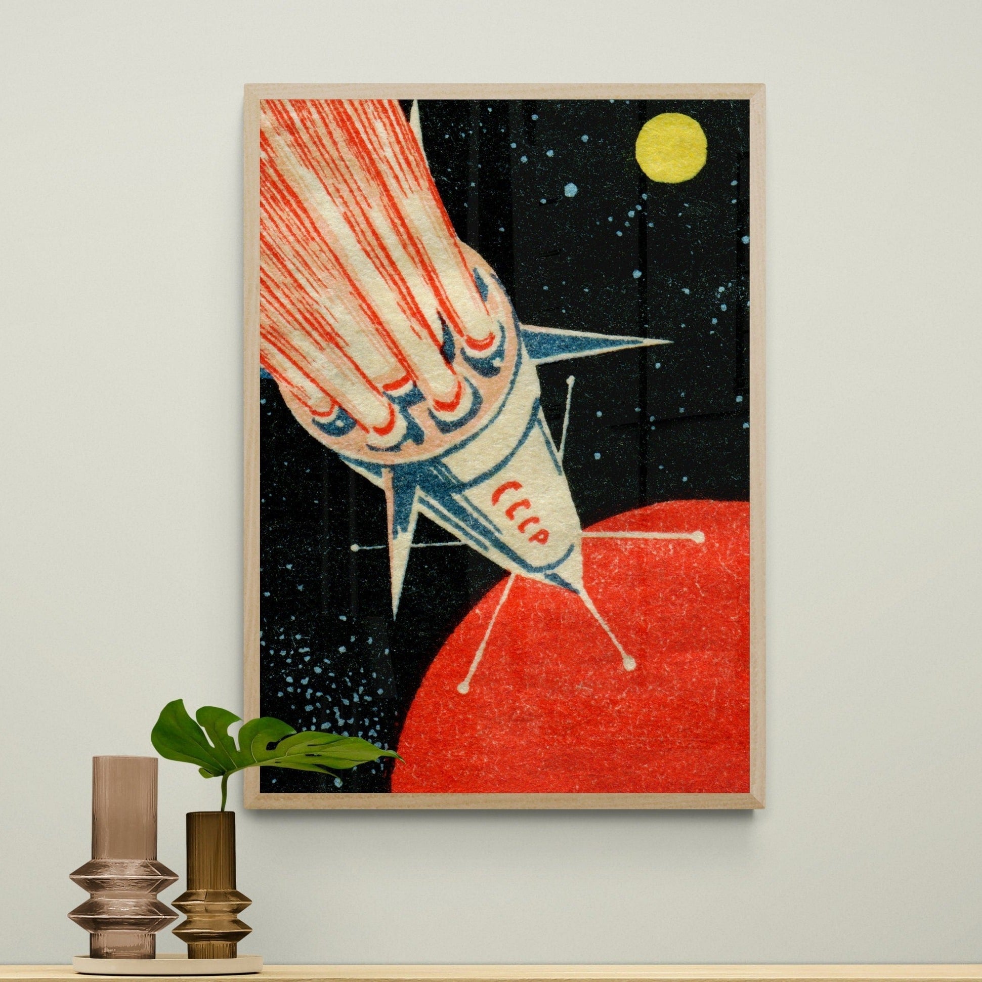 Vintage Soviet Space Rocket Art Print | Retro Matchbox Label Design
