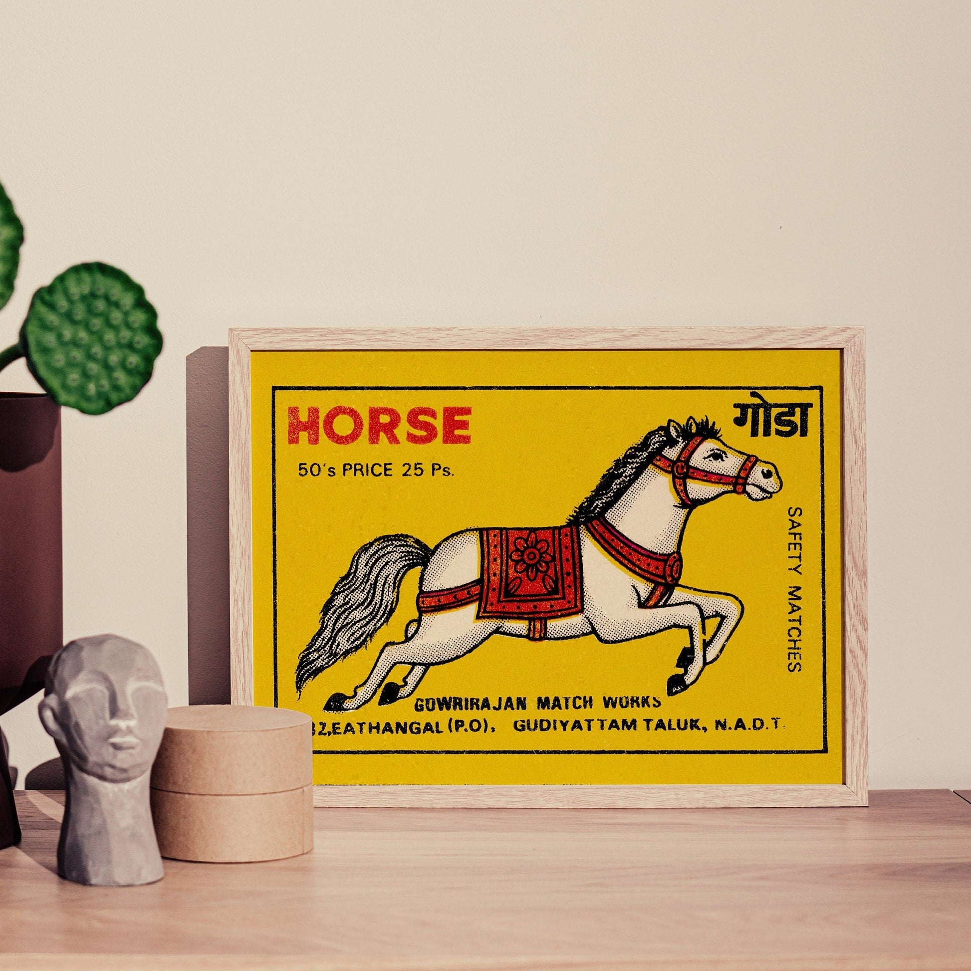 Vintage Indian Matchbox Label Art Print - White Horse on Warm Yellow Background