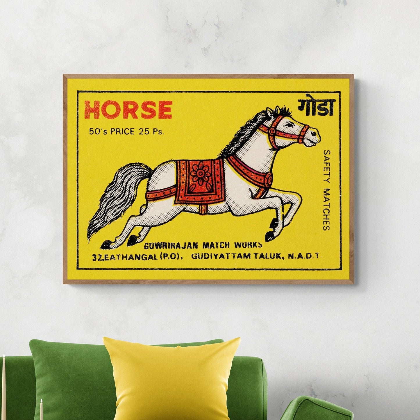 Vintage Indian Matchbox Label Art Print - White Horse on Warm Yellow Background
