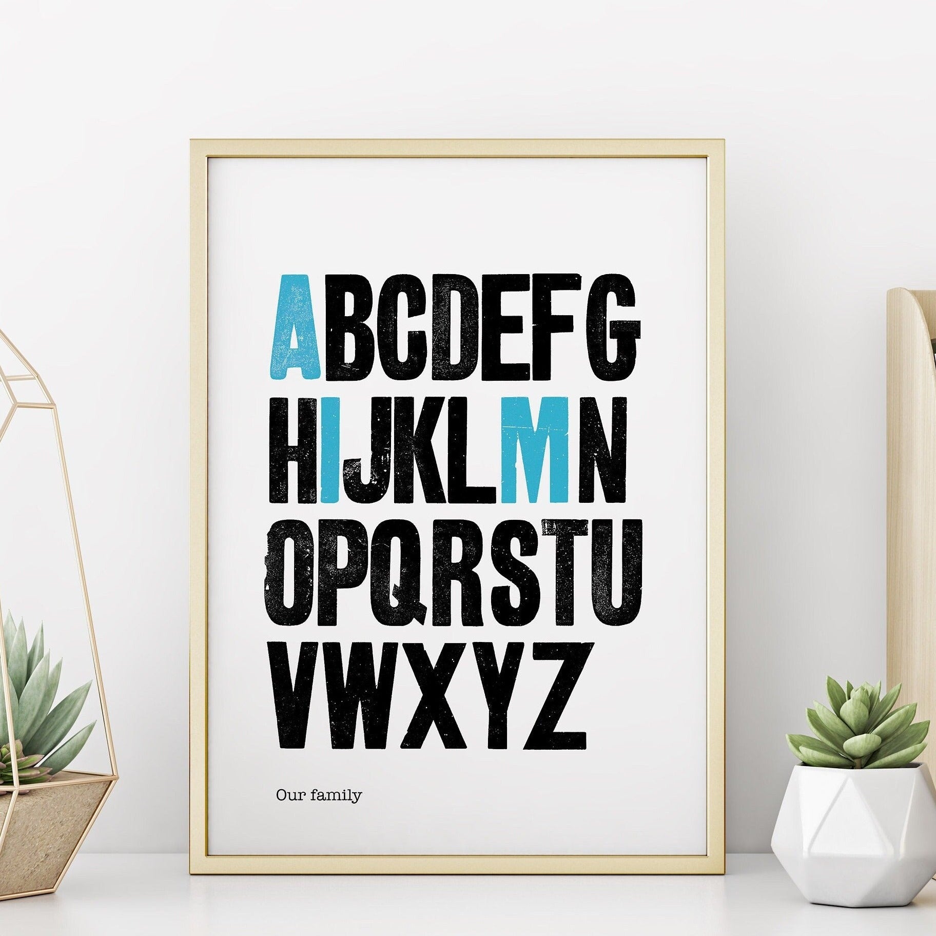 Personalized Vintage Woodblock Letterpress Alphabet Art Print | Family Gift | Monogram Art