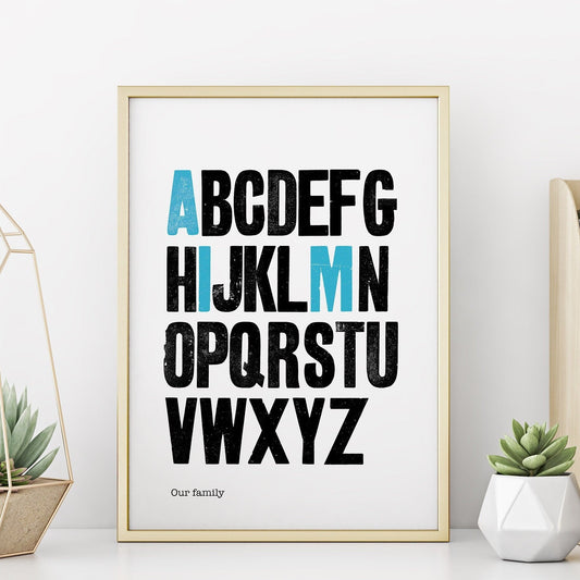 Personalized Vintage Woodblock Letterpress Alphabet Art Print | Family Gift | Monogram Art