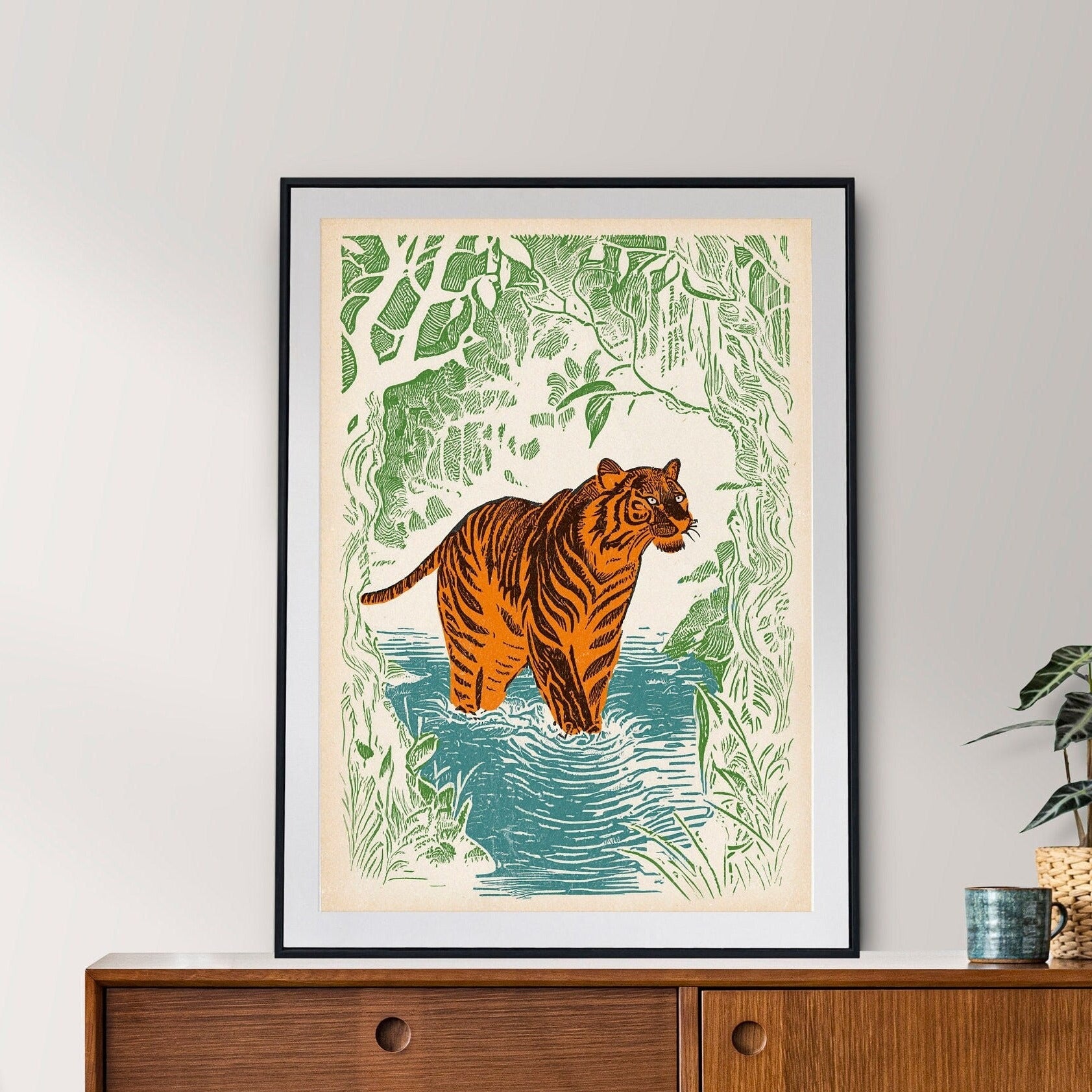 Woodcut Tiger Art Print | Majestic Jungle Wildlife Wall Decor | High-Quality Tiger Illustration | Nature-Inspired Home Decor | Unique Gift