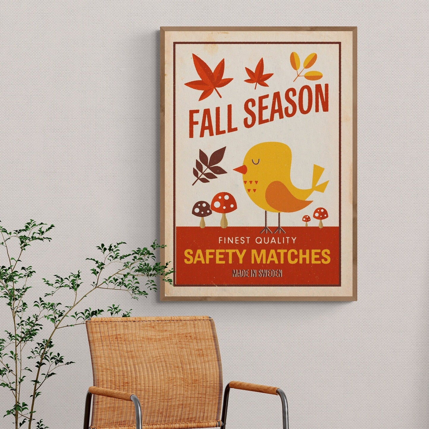 A cute retro style print featuring a bird with mushrooms and leaves in autumnal or fall colours