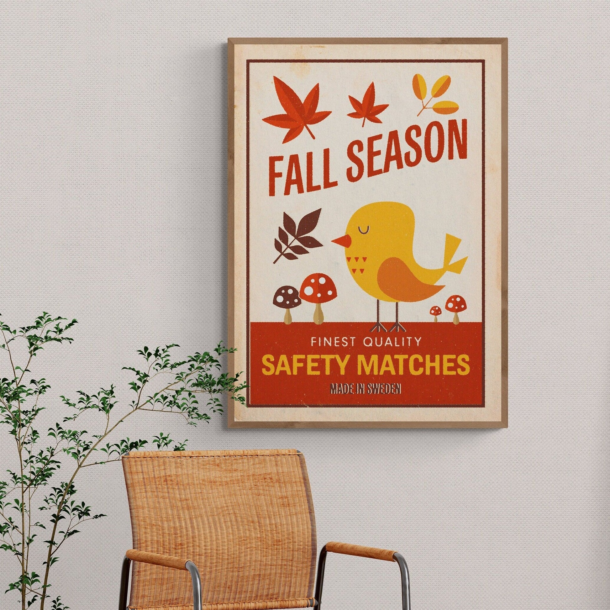 A cute retro style print featuring a bird with mushrooms and leaves in autumnal or fall colours