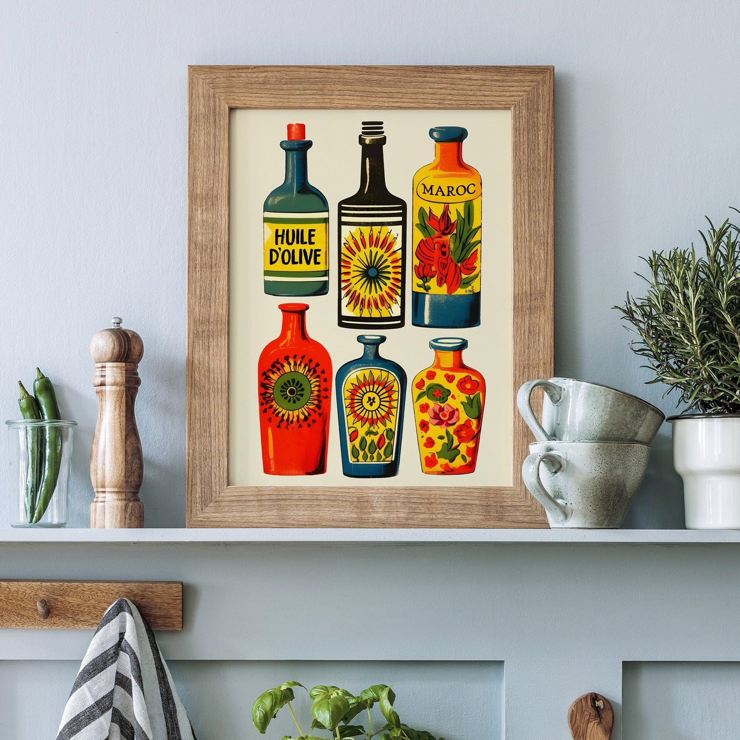 Mediterranean Kitchen Art Print | Colorful Olive Oil and Preserves Bottles | Vintage Style Decor