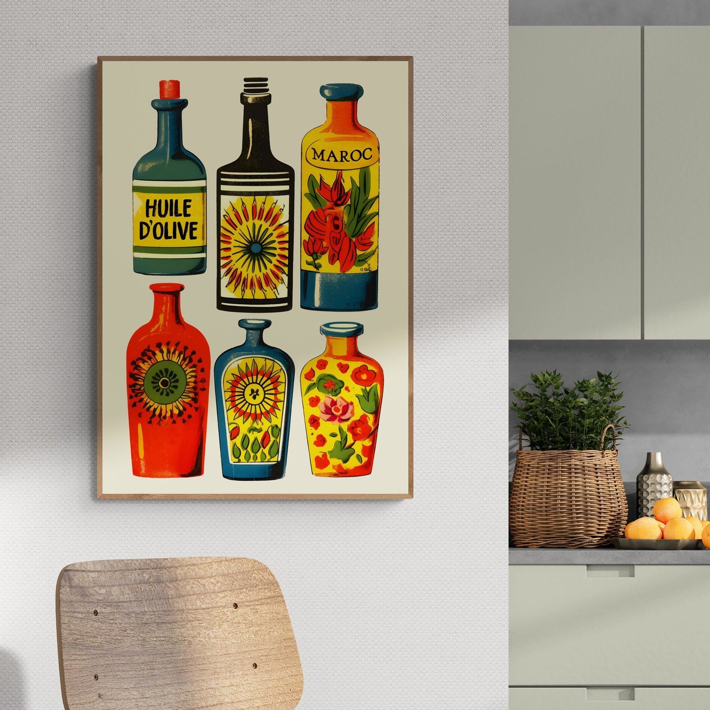 Mediterranean Kitchen Art Print | Colorful Olive Oil and Preserves Bottles | Vintage Style Decor