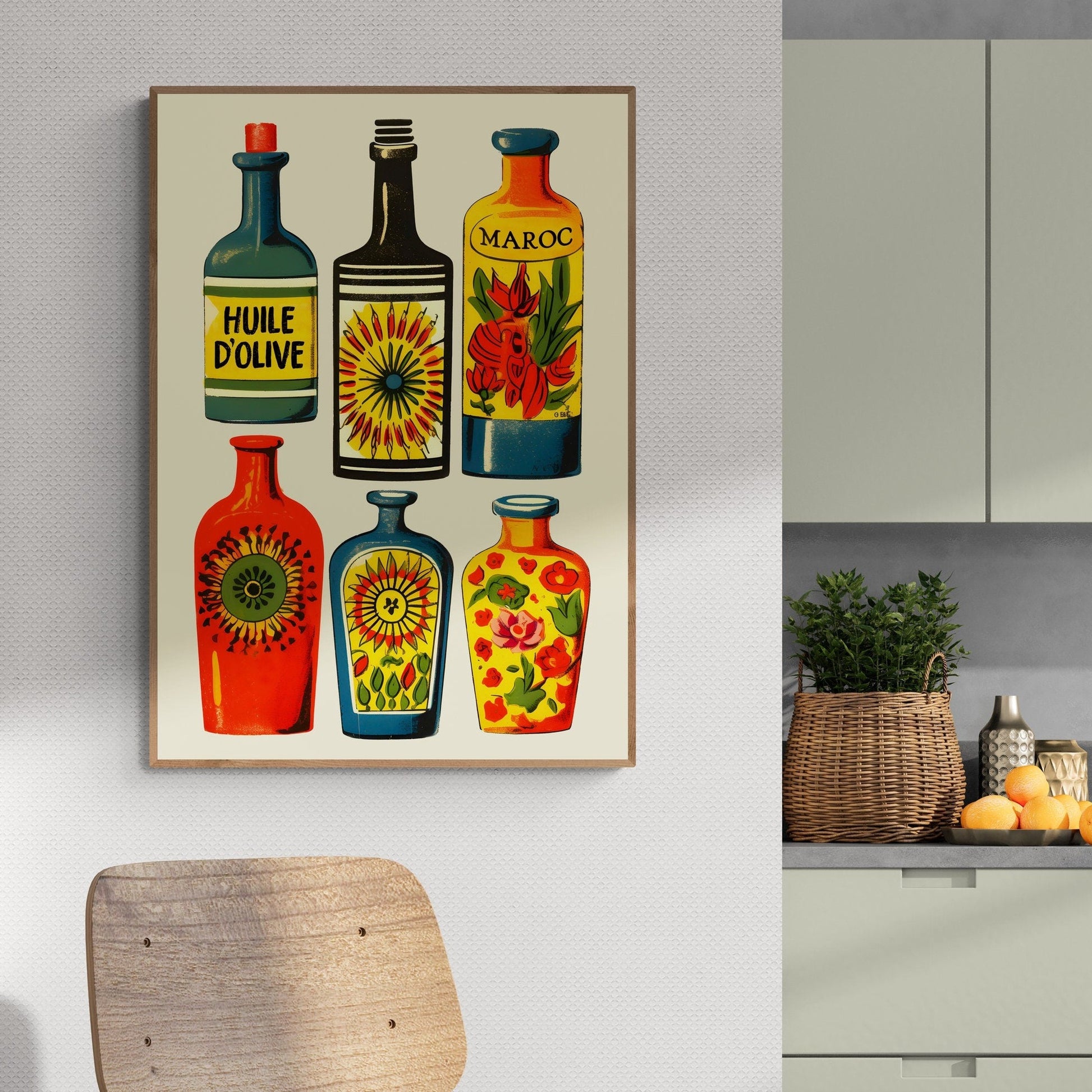 Mediterranean Kitchen Art Print | Colorful Olive Oil and Preserves Bottles | Vintage Style Decor