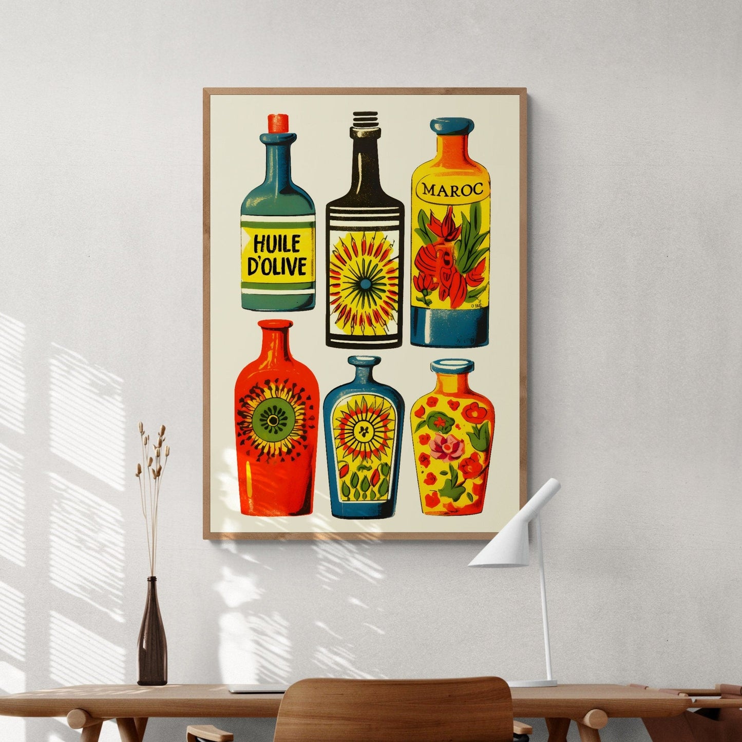 Mediterranean Kitchen Art Print | Colorful Olive Oil and Preserves Bottles | Vintage Style Decor