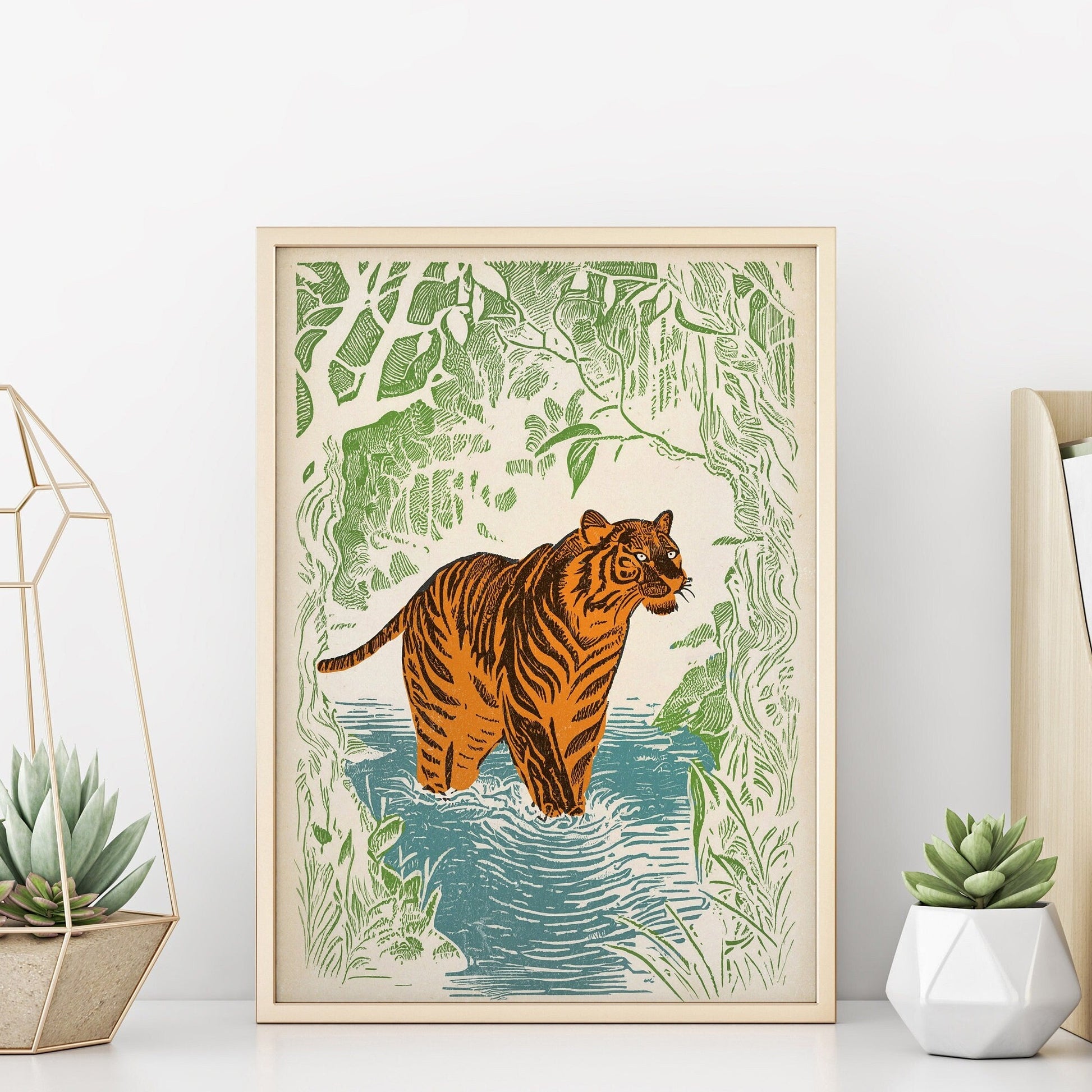 Woodcut Tiger Art Print | Majestic Jungle Wildlife Wall Decor | High-Quality Tiger Illustration | Nature-Inspired Home Decor | Unique Gift