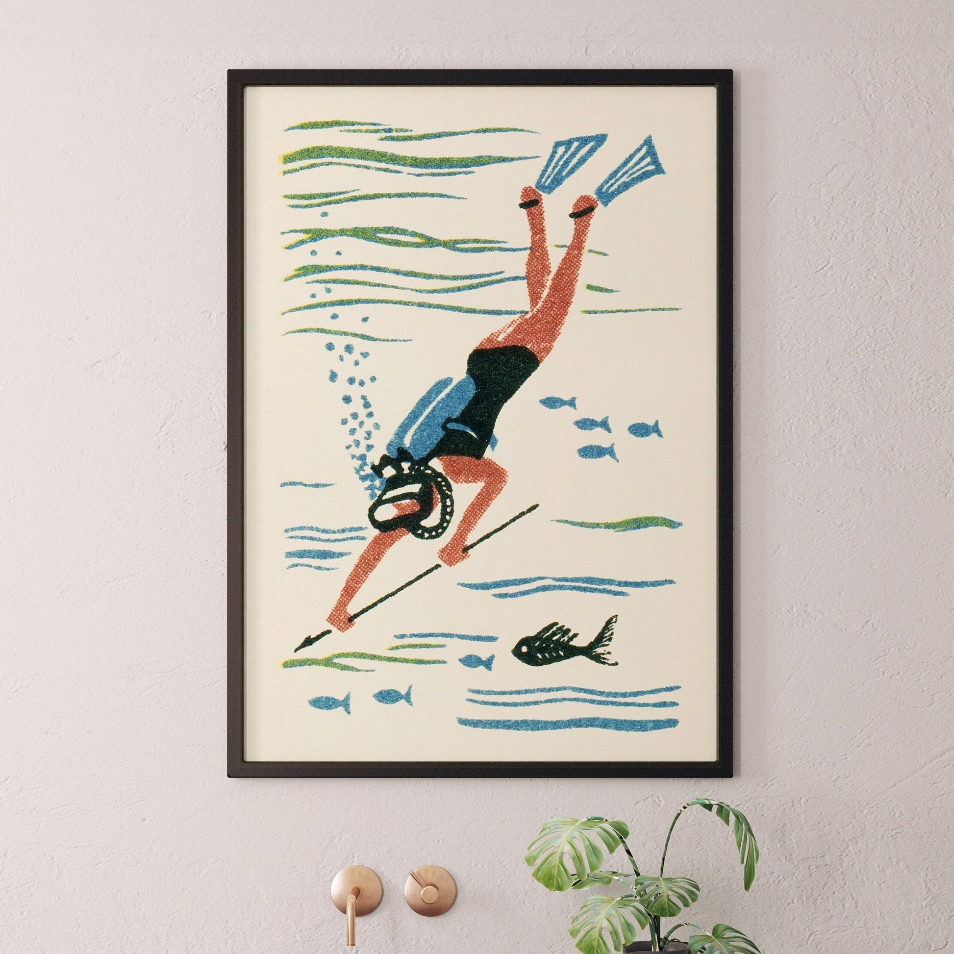 Scuba Diver Print | Vintage Maritime Art | Jacques Cousteau | Bathroom Decor | Spearfishing Poster