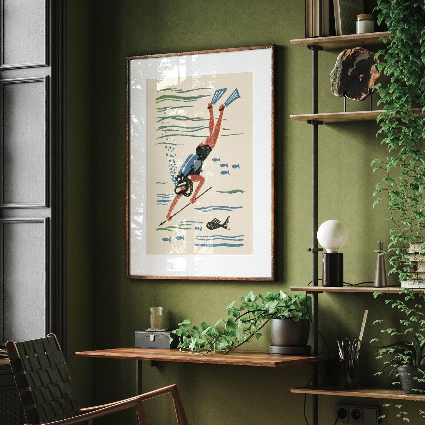 Scuba Diver Print | Vintage Maritime Art | Jacques Cousteau | Bathroom Decor | Spearfishing Poster