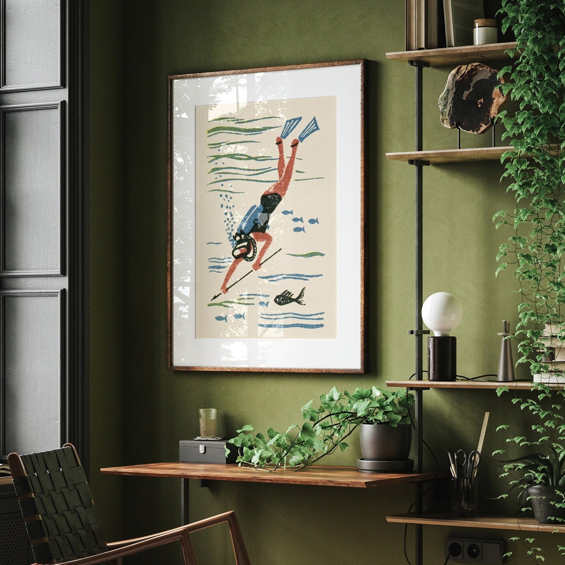 Scuba Diver Print | Vintage Maritime Art | Jacques Cousteau | Bathroom Decor | Spearfishing Poster