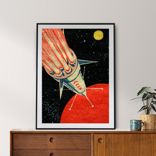 Vintage Soviet Space Rocket Art Print | Retro Matchbox Label Design