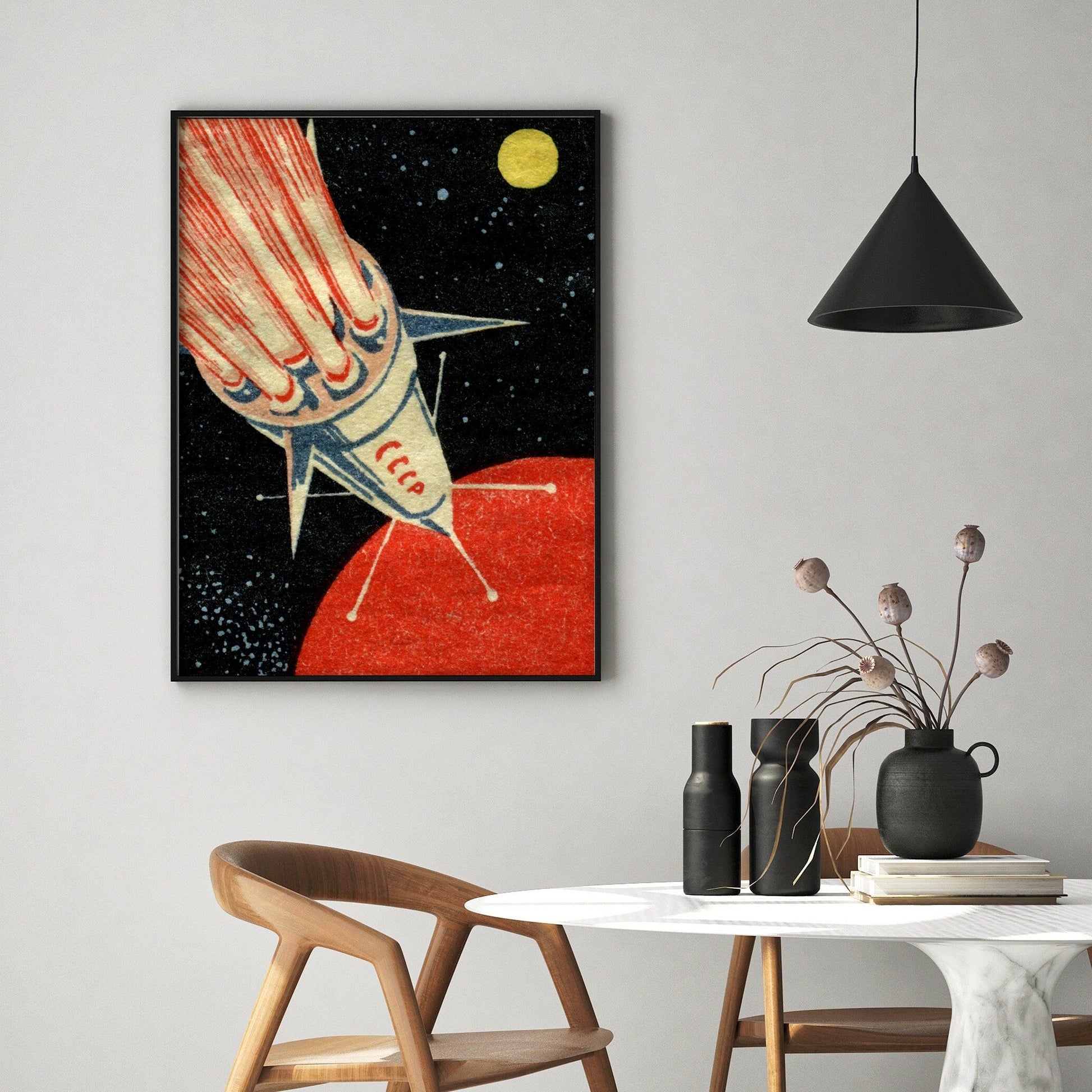 Vintage Soviet Space Rocket Art Print | Retro Matchbox Label Design
