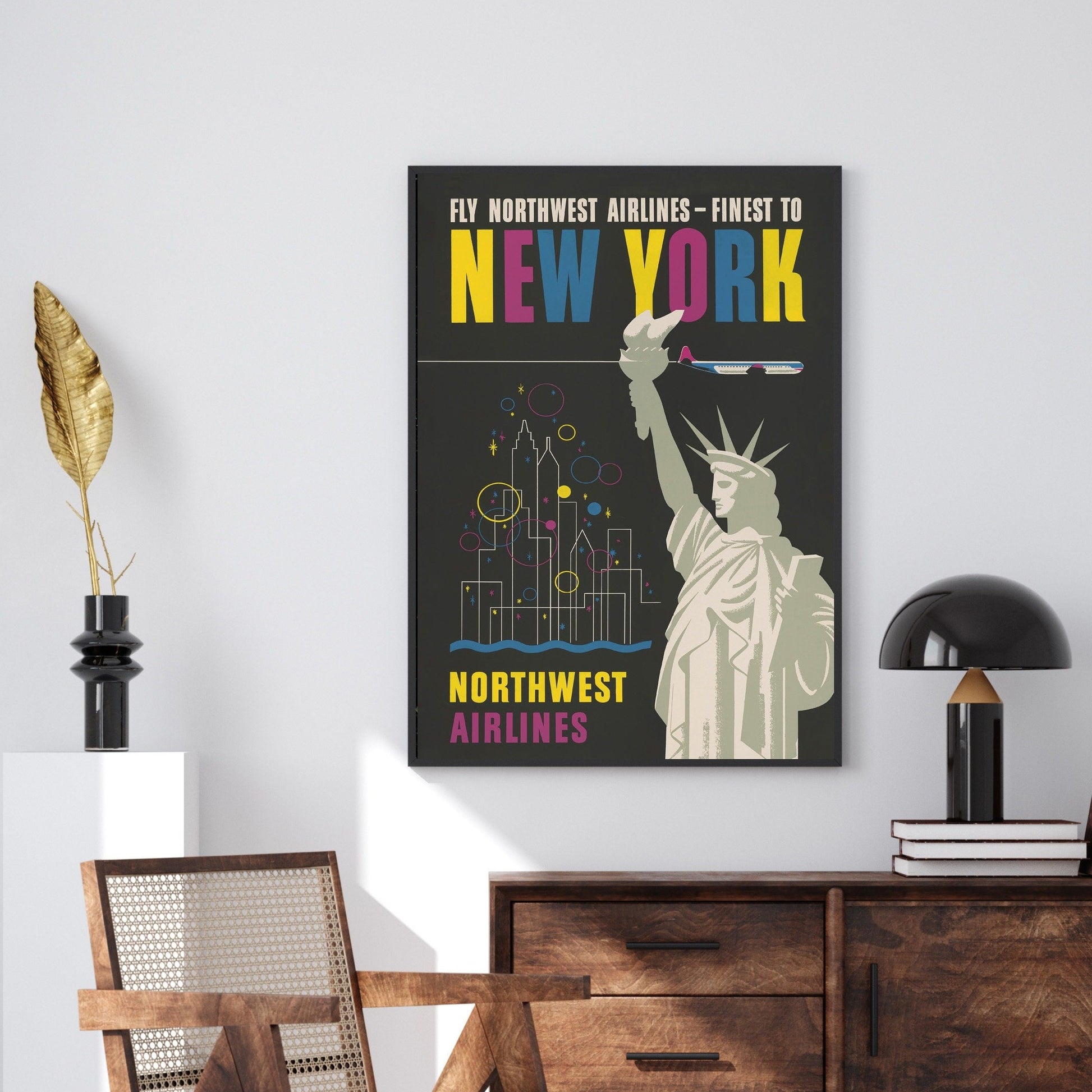 Vintage New York Travel Poster | Mid Century Modern | NYC Print | Northwest Airlines | 1960s Retro Wall Decor |