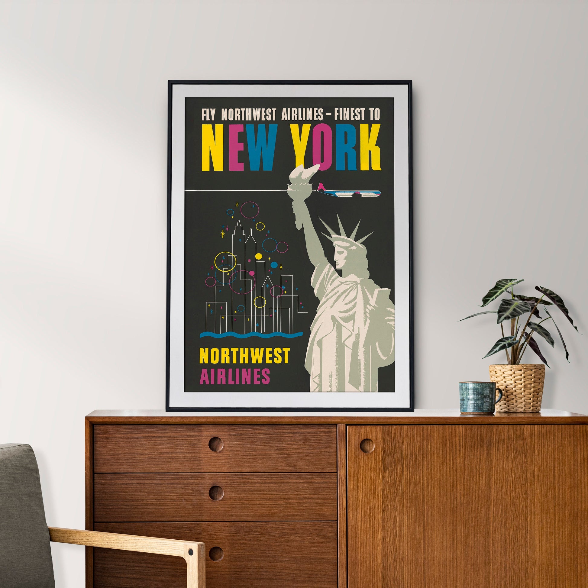Vintage New York Travel Poster | Mid Century Modern | NYC Print | Northwest Airlines | 1960s Retro Wall Decor |