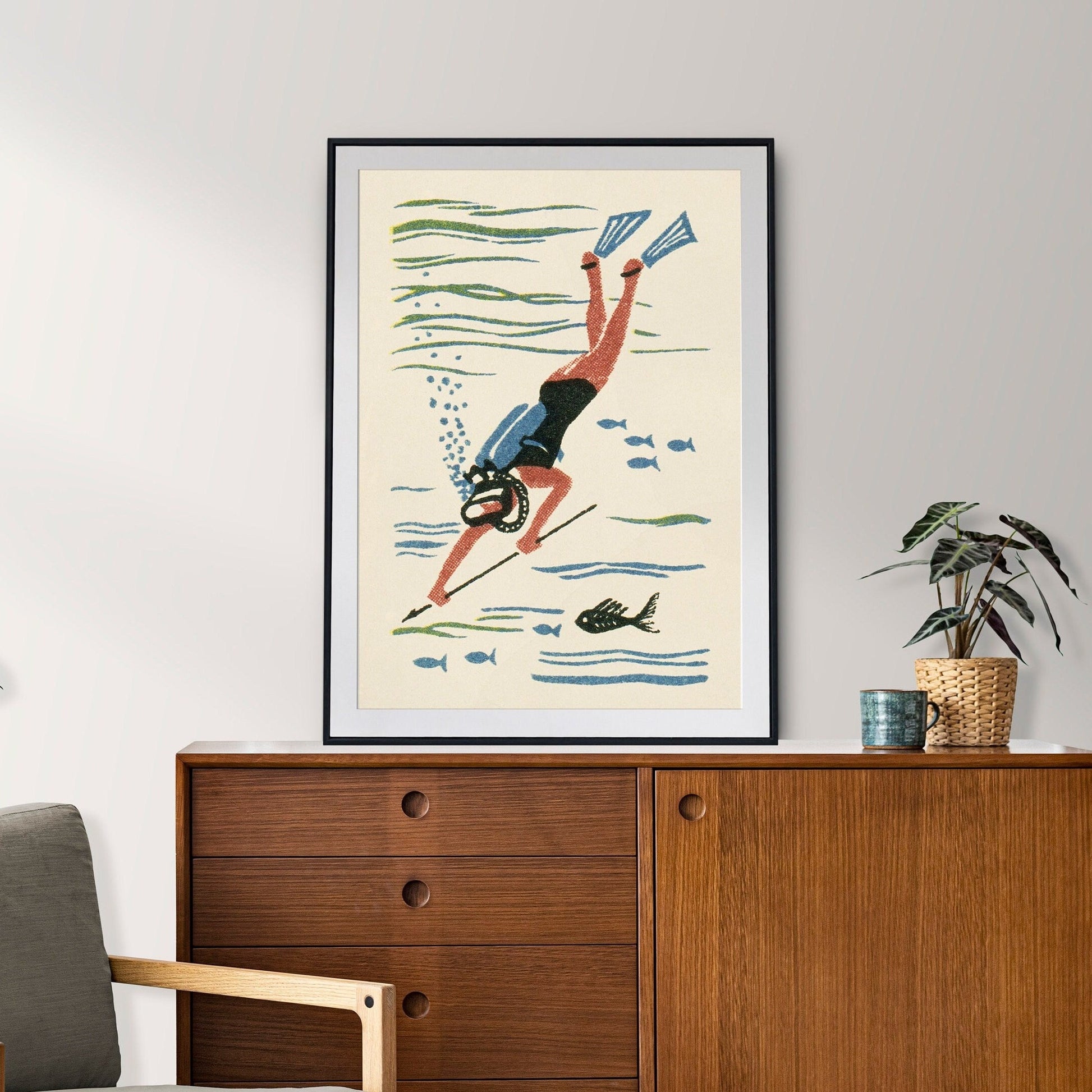 Scuba Diver Print | Vintage Maritime Art | Jacques Cousteau | Bathroom Decor | Spearfishing Poster
