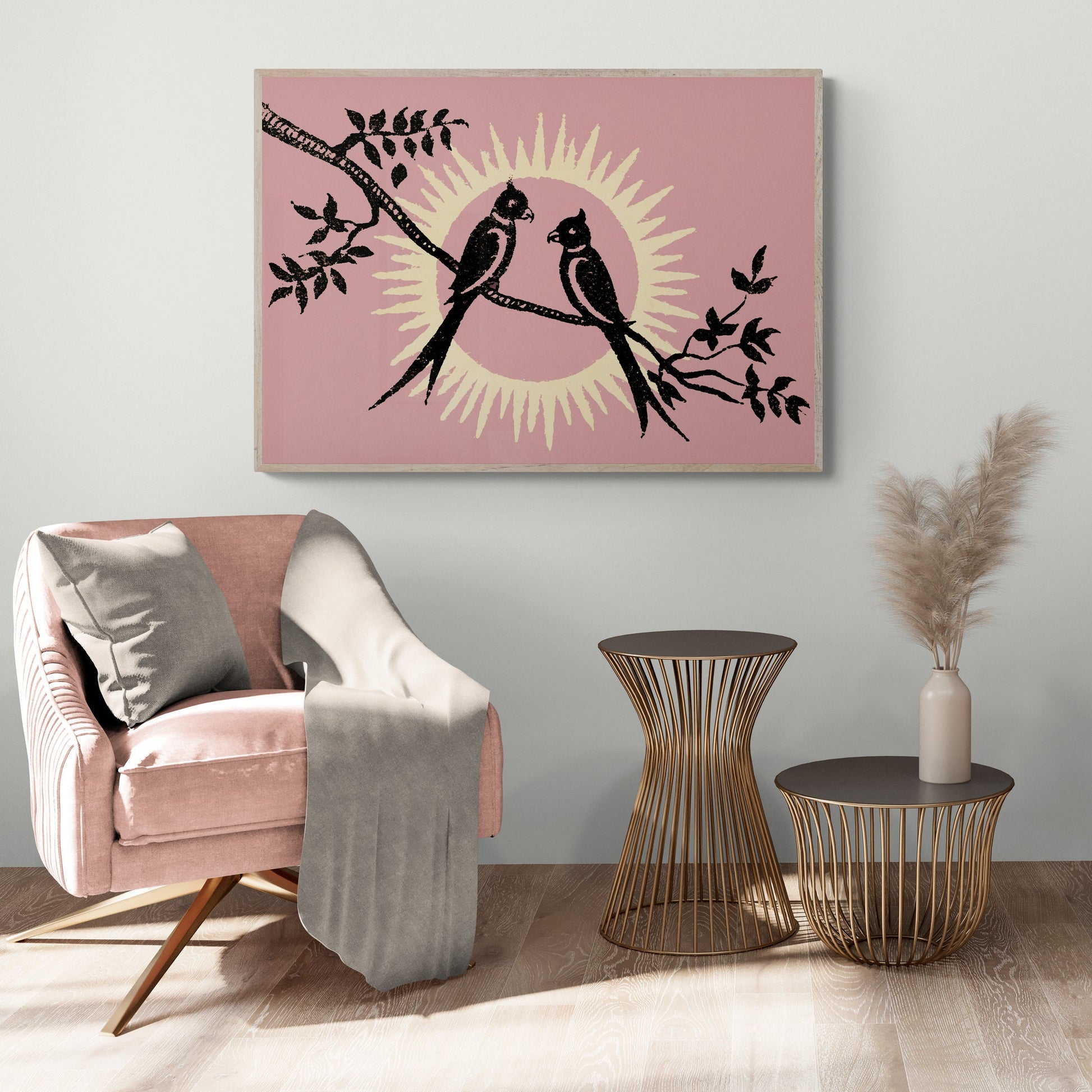 Lovebirds Romantic Art Print | Vintage Animal Prints | Valentines Poster | Large Wall Art | Pink Decor