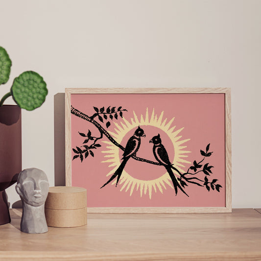 Lovebirds Romantic Art Print | Vintage Animal Prints | Valentines Poster | Large Wall Art | Pink Decor